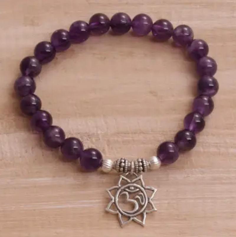 Amethyst Floral Beaded Stretch Bracelet from Bali, "Petaled Om"