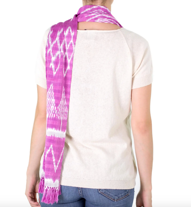 Light Fuchsia Backstrap Loom Cotton Scarf from Guatemala, "Solola Orchids"