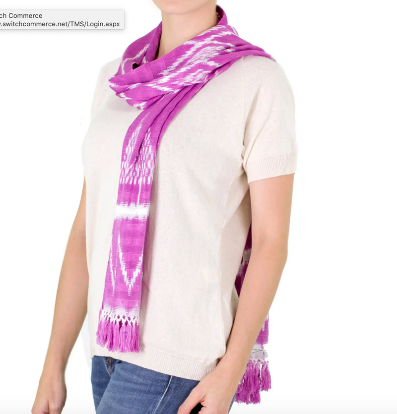 Light Fuchsia Backstrap Loom Cotton Scarf from Guatemala, "Solola Orchids"