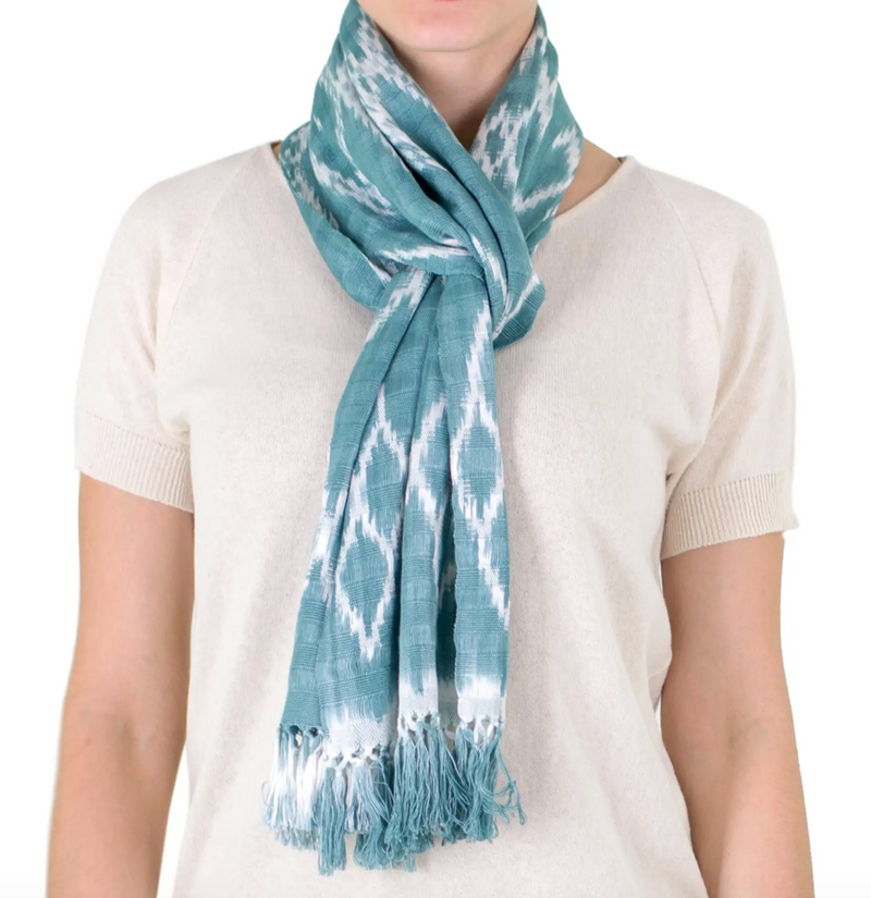 Backstrap Loom Aqua Blue Cotton Scarf with Organic Dyes, "Solola Aqua"