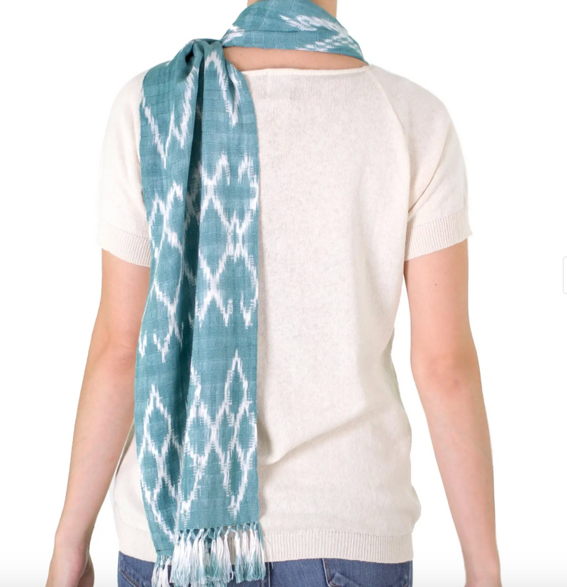 Backstrap Loom Aqua Blue Cotton Scarf with Organic Dyes, "Solola Aqua"