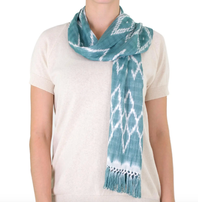 Backstrap Loom Aqua Blue Cotton Scarf with Organic Dyes, "Solola Aqua"