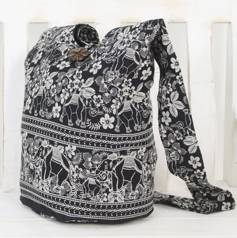 Black and White Elephant Floral Shoulder Bag from Thailand, "Elegant Elephant"