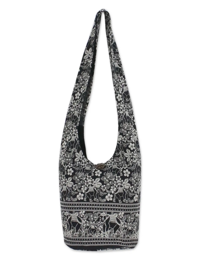 Black and White Elephant Floral Shoulder Bag from Thailand, "Elegant Elephant"