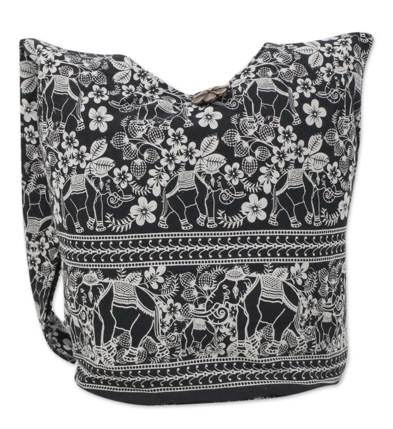 Black and White Elephant Floral Shoulder Bag from Thailand, "Elegant Elephant"