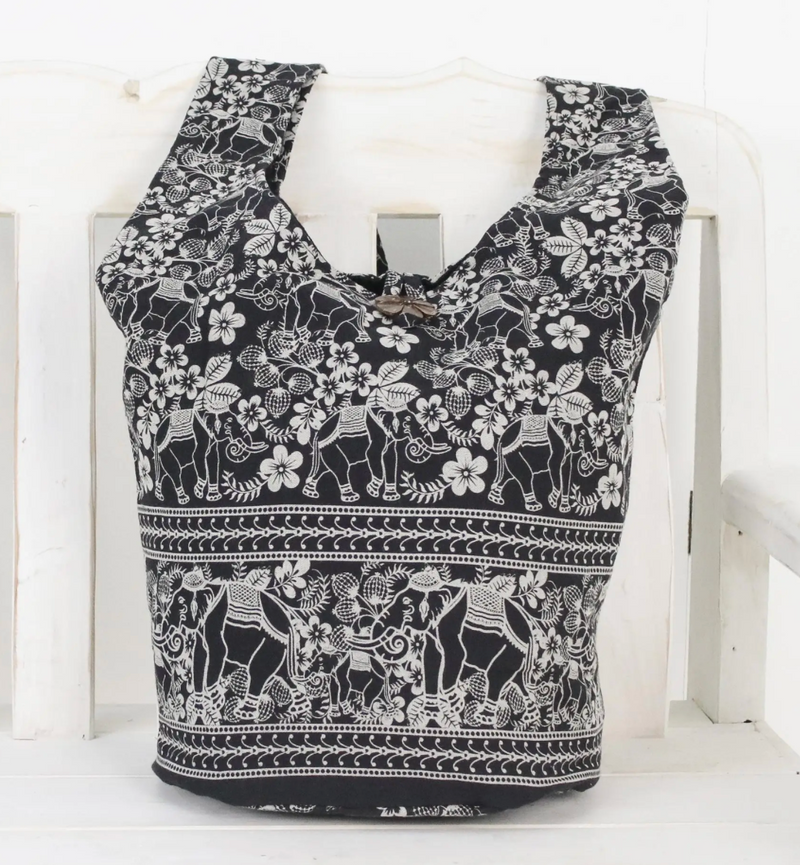 Black and White Elephant Floral Shoulder Bag from Thailand, "Elegant Elephant"