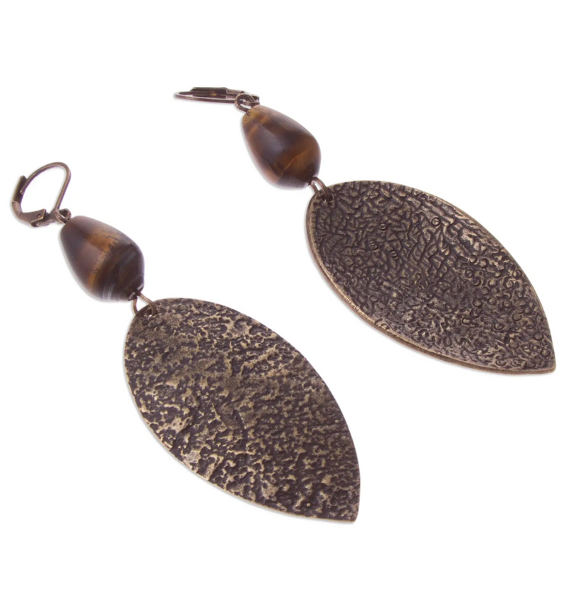 Peruvian Tiger's Eye Dangle Earrings with Antiqued Finish, "Plumes of Bronze"