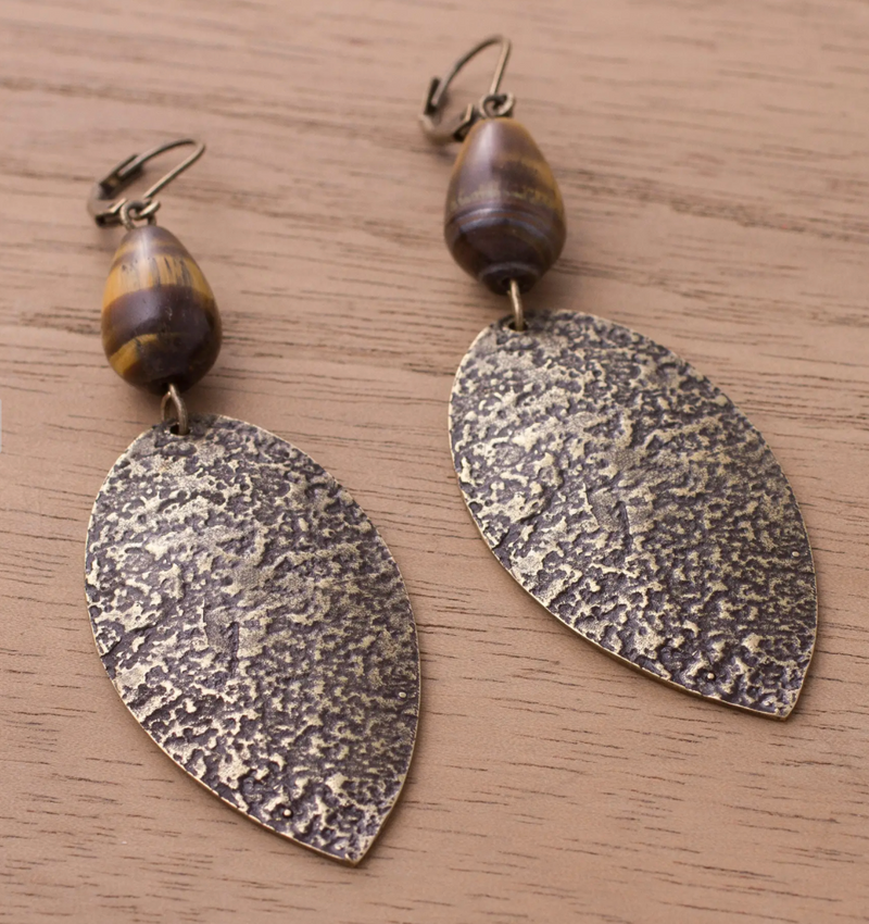 Peruvian Tiger's Eye Dangle Earrings with Antiqued Finish, "Plumes of Bronze"