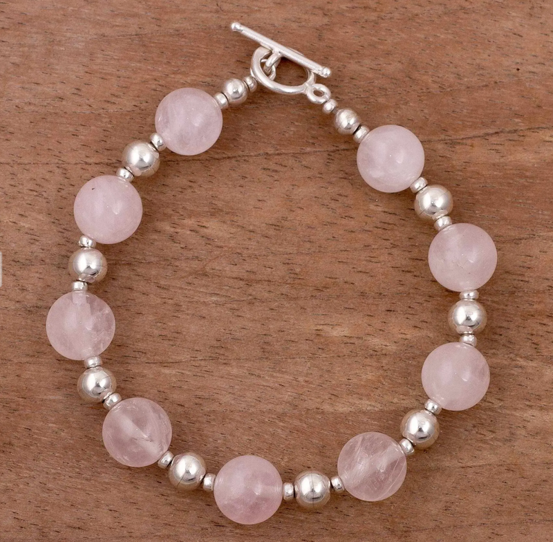 Rose Quartz and Sterling Silver Beaded Bracelet from Peru, "Simplicity"