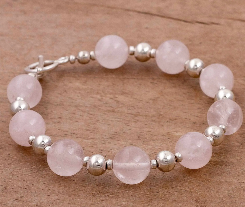 Rose Quartz and Sterling Silver Beaded Bracelet from Peru, "Simplicity"