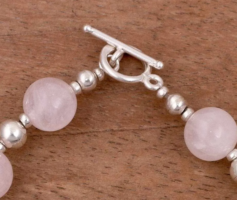 Rose Quartz and Sterling Silver Beaded Bracelet from Peru, "Simplicity"