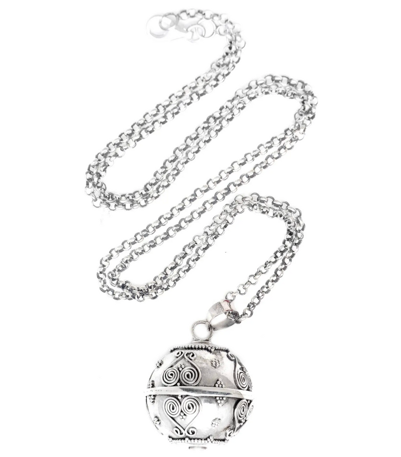 Balinese Handcrafted Harmony Ball Heart Necklace in Silver, "Forever Love"