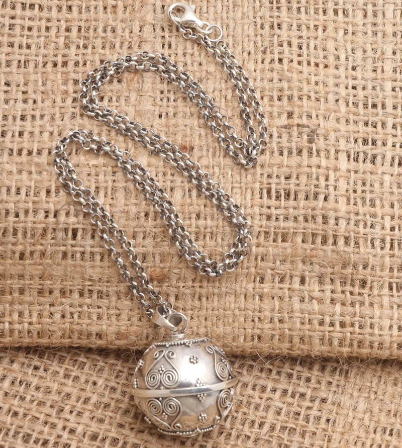 Balinese Handcrafted Harmony Ball Heart Necklace in Silver, "Forever Love"