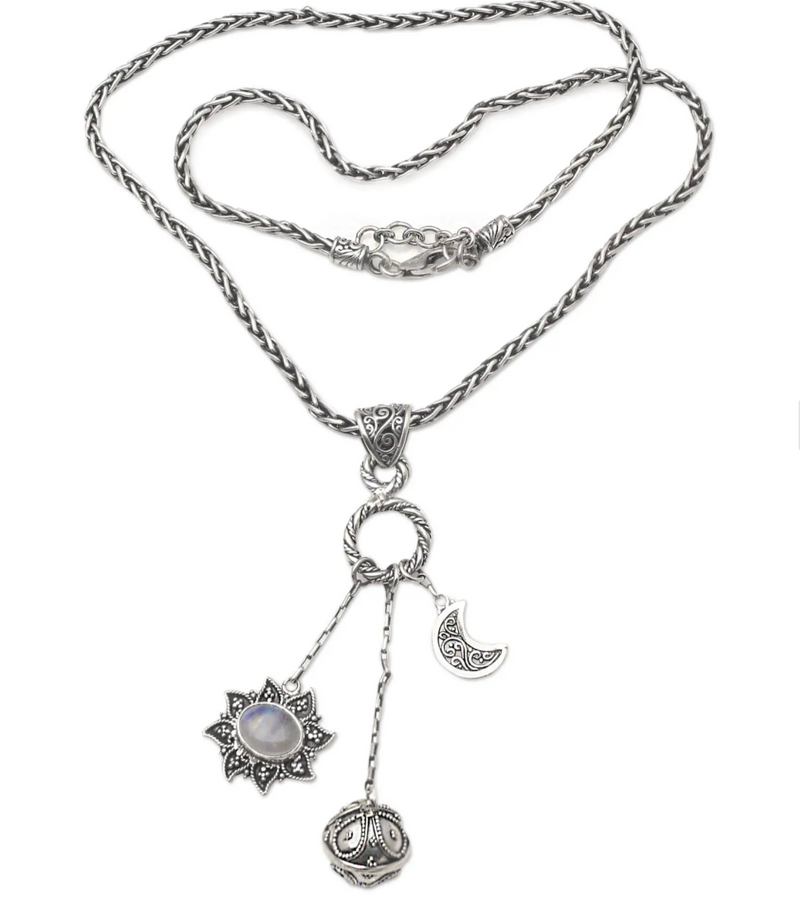 Silver and Rainbow Moonstone Balinese Harmony Ball Necklace, "Moon Mother"