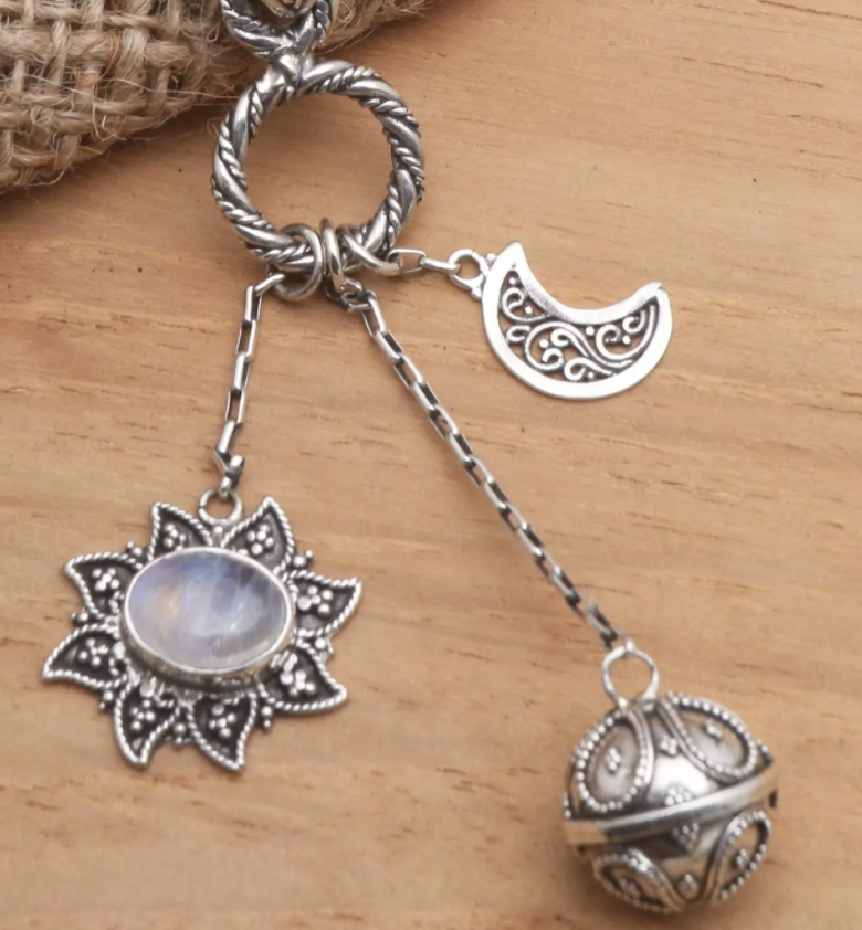 Silver and Rainbow Moonstone Balinese Harmony Ball Necklace, "Moon Mother"