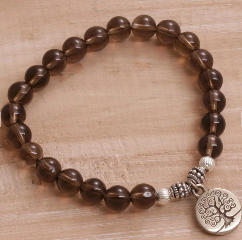 Tree-Themed Smoky Quartz Beaded Stretch Bracelet, "Sunrise Tree"