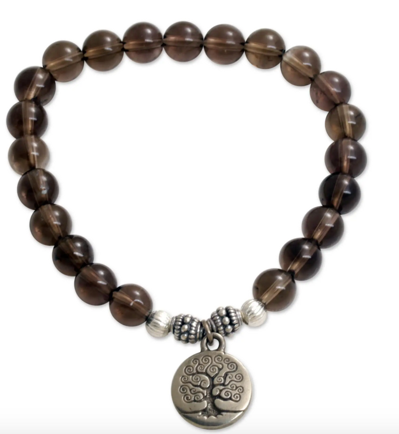 Tree-Themed Smoky Quartz Beaded Stretch Bracelet, "Sunrise Tree"