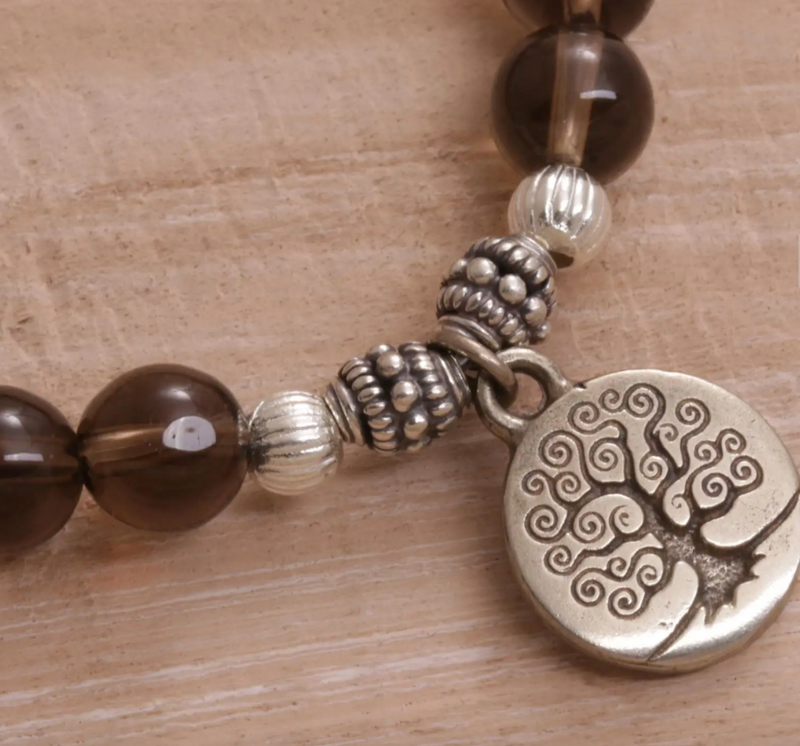 Tree-Themed Smoky Quartz Beaded Stretch Bracelet, "Sunrise Tree"