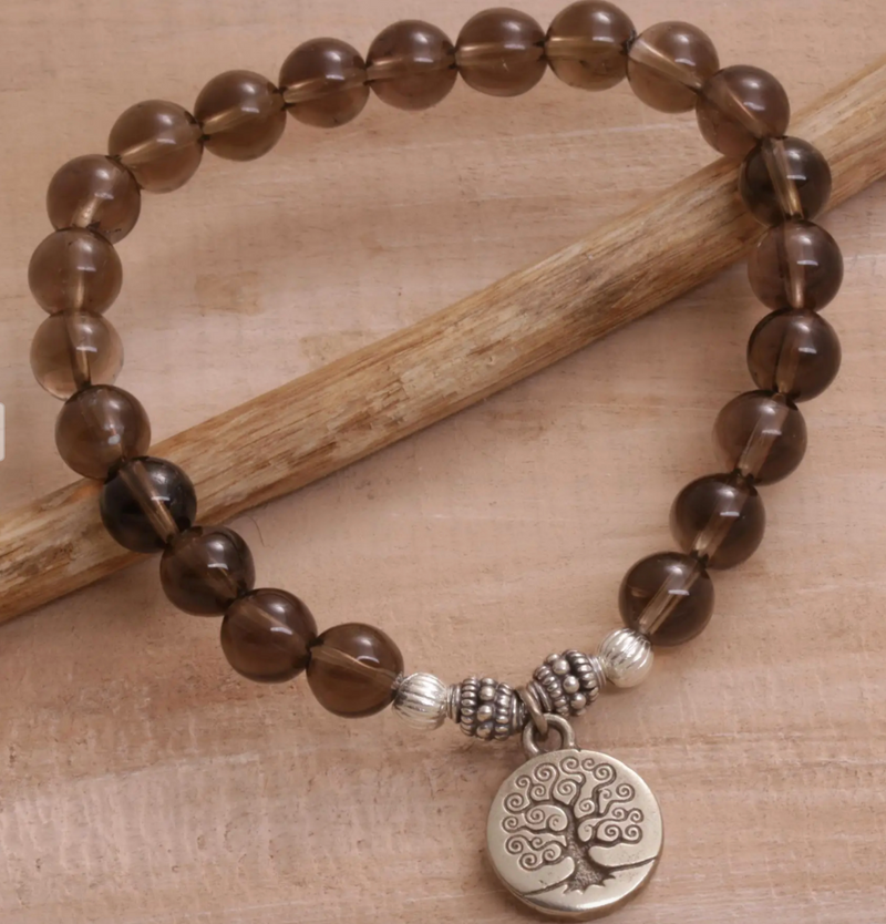 Tree-Themed Smoky Quartz Beaded Stretch Bracelet, "Sunrise Tree"