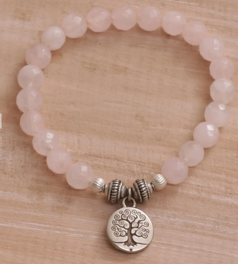 Tree-Themed Rose Quartz Beaded Stretch Bracelet from Bali, "Sunrise Tree"