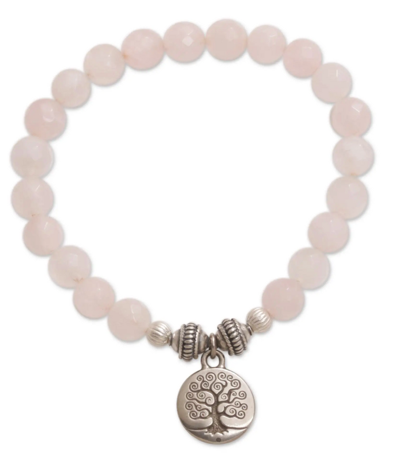 Tree-Themed Rose Quartz Beaded Stretch Bracelet from Bali, "Sunrise Tree"