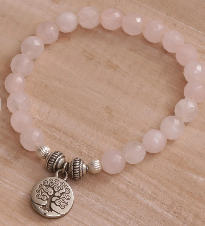 Tree-Themed Rose Quartz Beaded Stretch Bracelet from Bali, "Sunrise Tree"