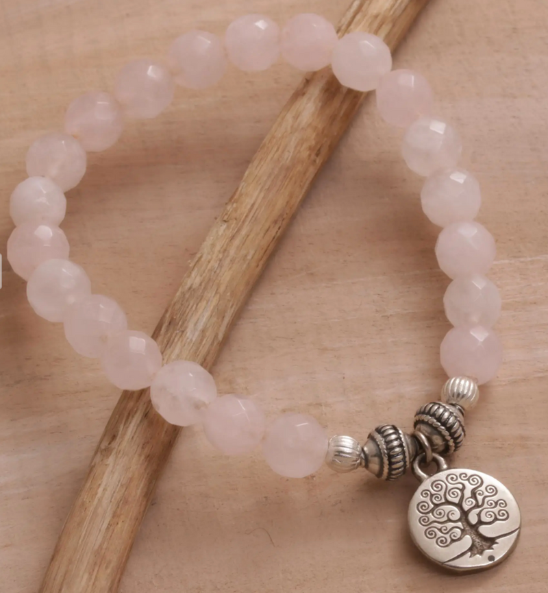 Tree-Themed Rose Quartz Beaded Stretch Bracelet from Bali, "Sunrise Tree"