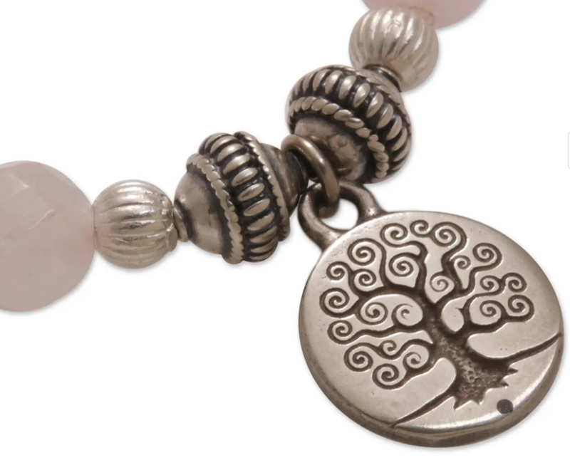 Tree-Themed Rose Quartz Beaded Stretch Bracelet from Bali, "Sunrise Tree"