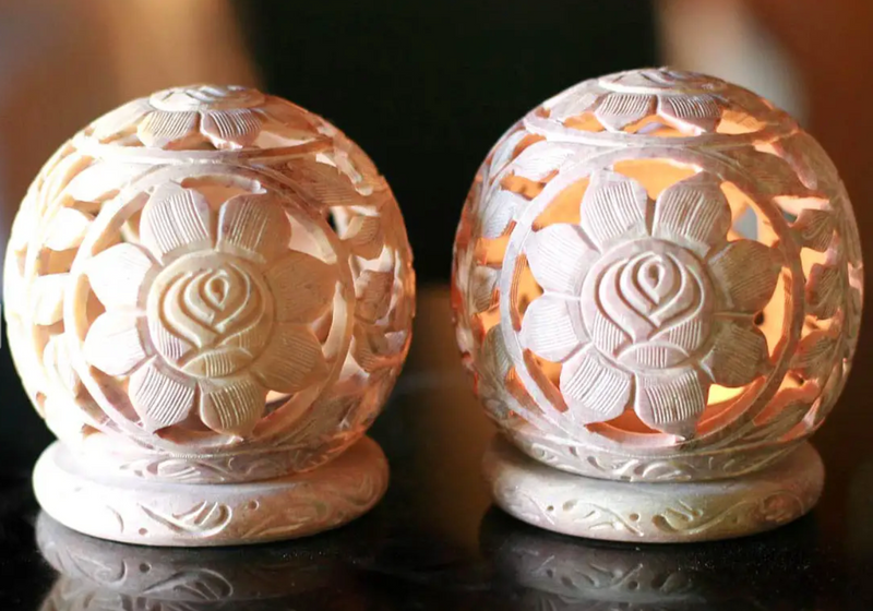 Natural Soapstone Candleholders Hand Carved in India (Pair), "Sunflowers"