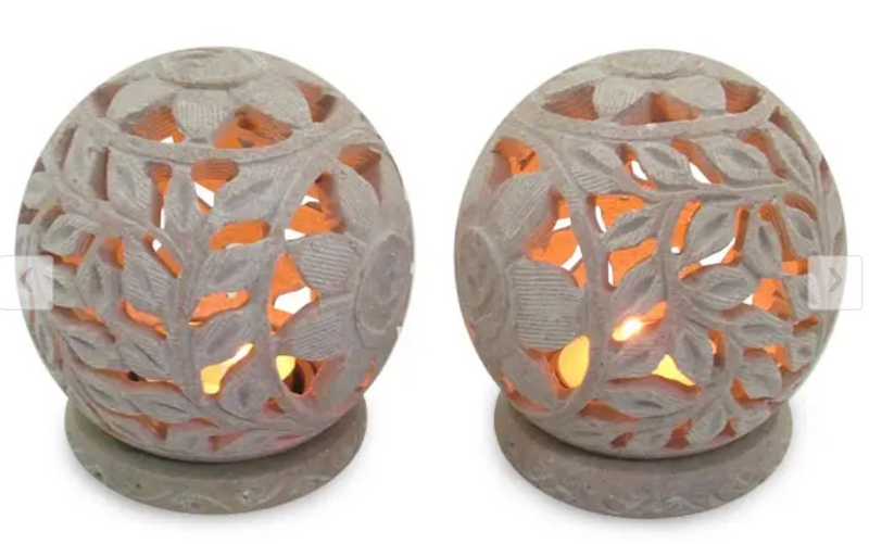 Natural Soapstone Candleholders Hand Carved in India (Pair), "Sunflowers"