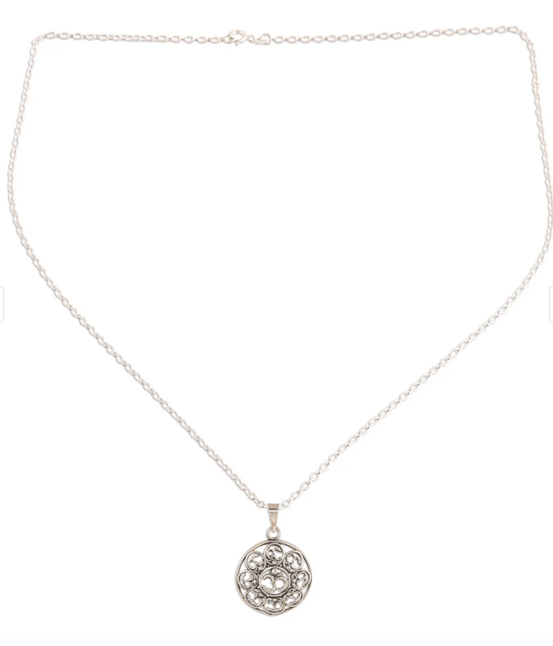 Om Motif Sterling Silver Pendant Necklace from India, "Eternal Peace"