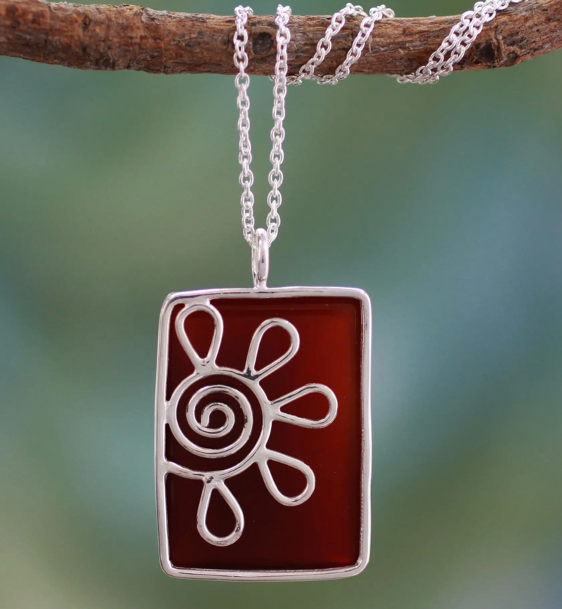 Onyx pendant necklace, "Crimson Blossom"