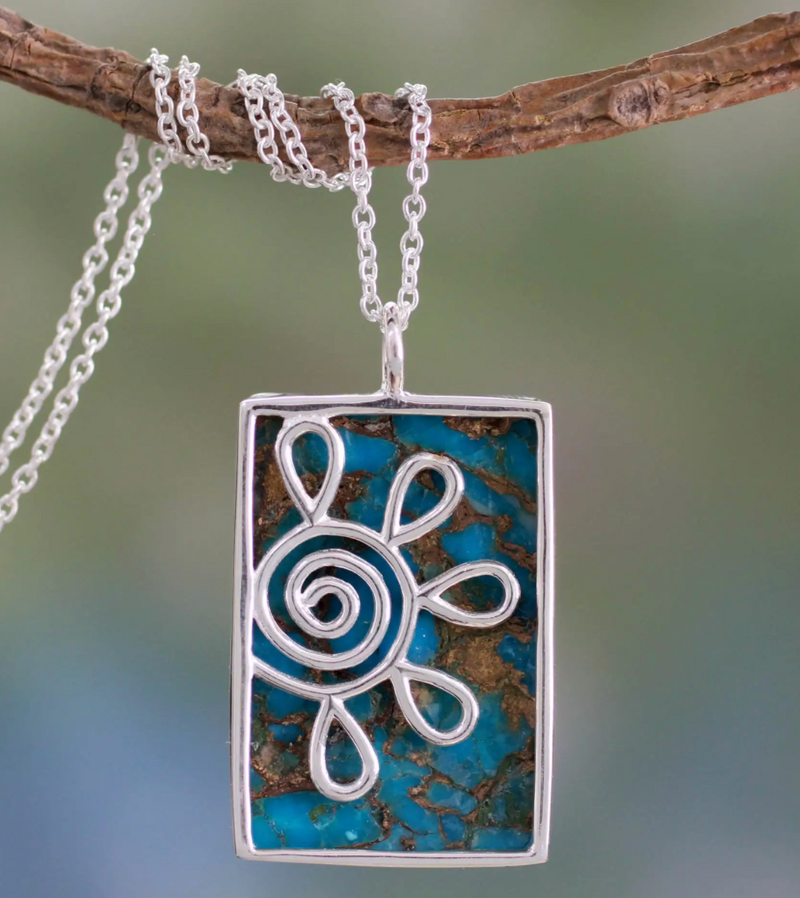 Reconstituted Turquoise Pendant Necklace, "Blue Blossom"