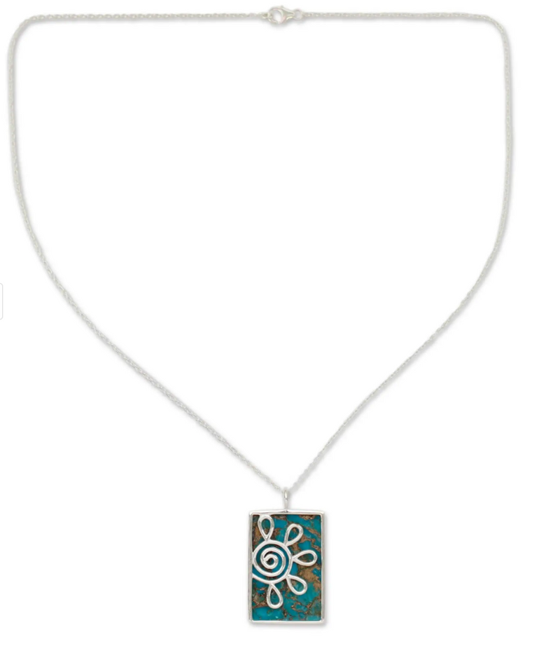 Reconstituted Turquoise Pendant Necklace, "Blue Blossom"