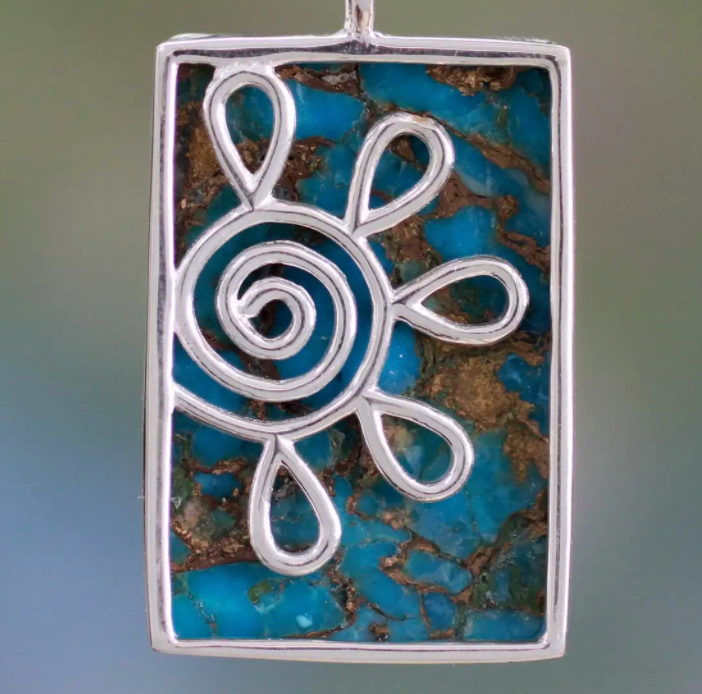 Reconstituted Turquoise Pendant Necklace, "Blue Blossom"