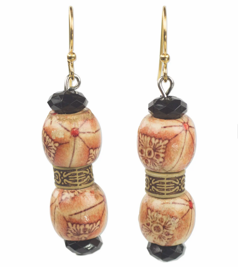 Floral Wood and Recycled Plastic Dangle Earrings from Ghana, "Rustic Melodies"