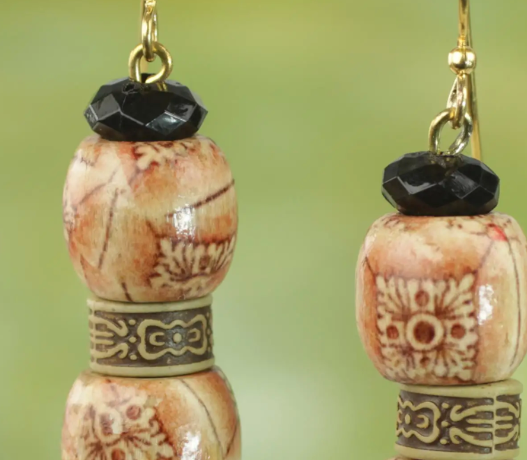 Floral Wood and Recycled Plastic Dangle Earrings from Ghana, "Rustic Melodies"