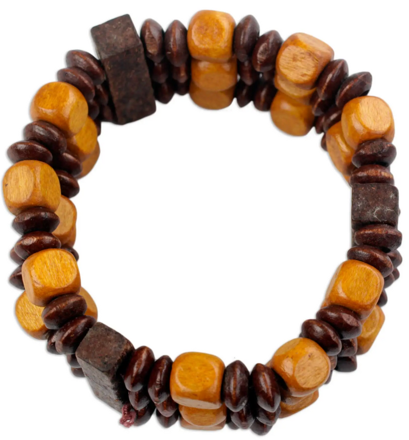 Beaded Natural Sese Wood Multi-Layered Stretch Bracelet, "Forest Beauty"