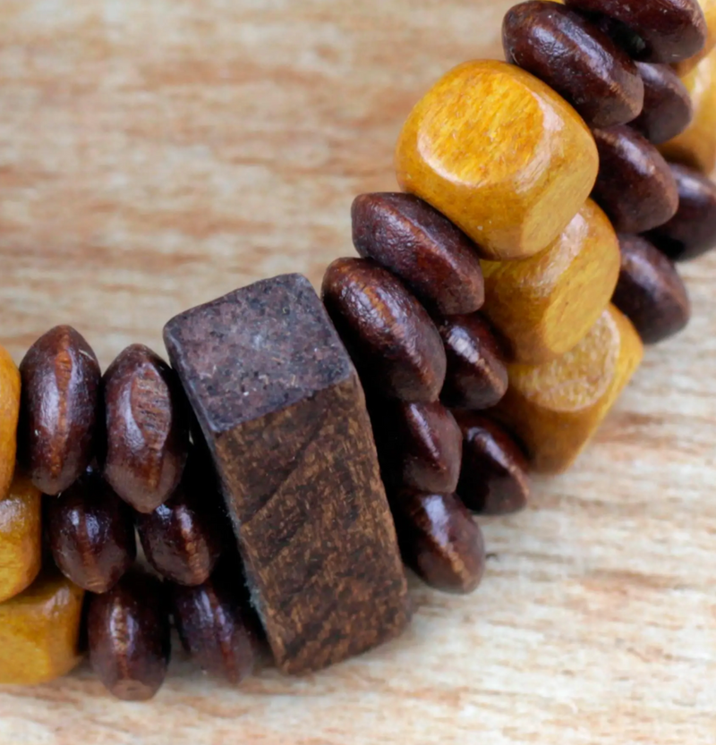 Beaded Natural Sese Wood Multi-Layered Stretch Bracelet, "Forest Beauty"