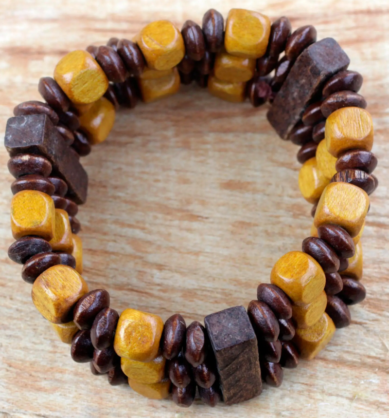 Beaded Natural Sese Wood Multi-Layered Stretch Bracelet, "Forest Beauty"