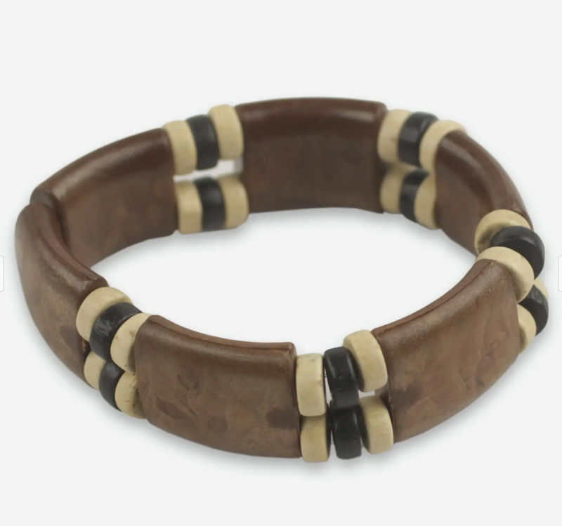 Eco Friendly Wood and Recycled Bead Bracelet from Ghana, "Coffee Connection"