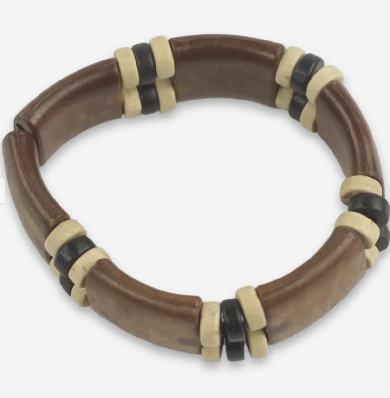 Eco Friendly Wood and Recycled Bead Bracelet from Ghana, "Coffee Connection"