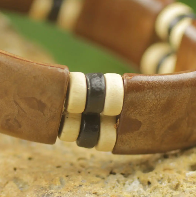 Eco Friendly Wood and Recycled Bead Bracelet from Ghana, "Coffee Connection"