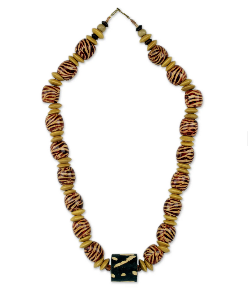 Artisan Crafted Necklace Ghana Beaded Jewelry, "Desert Bird"