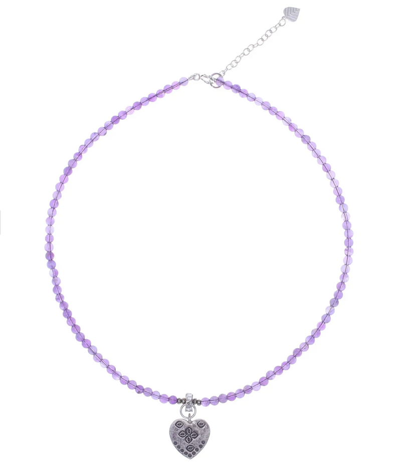 950 Silver Heart Pendant Necklace with Amethyst Beads, "Emboldened Heart"