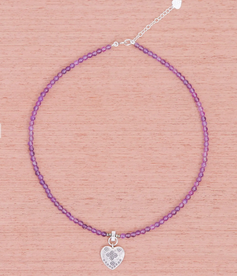 950 Silver Heart Pendant Necklace with Amethyst Beads, "Emboldened Heart"