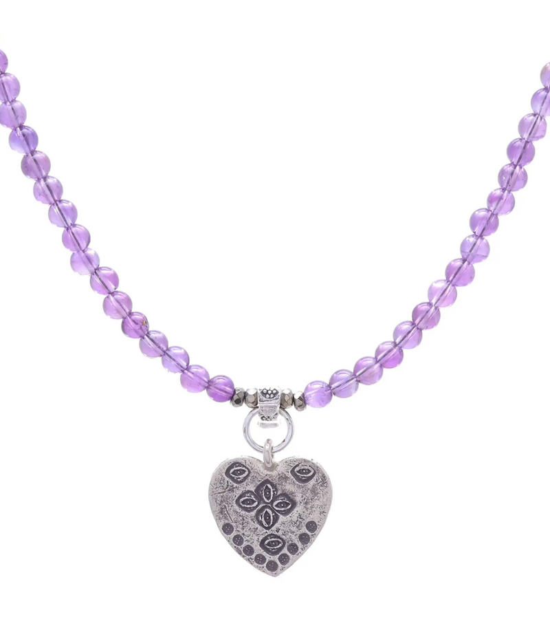 950 Silver Heart Pendant Necklace with Amethyst Beads, "Emboldened Heart"