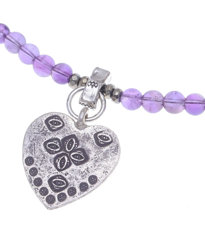 950 Silver Heart Pendant Necklace with Amethyst Beads, "Emboldened Heart"