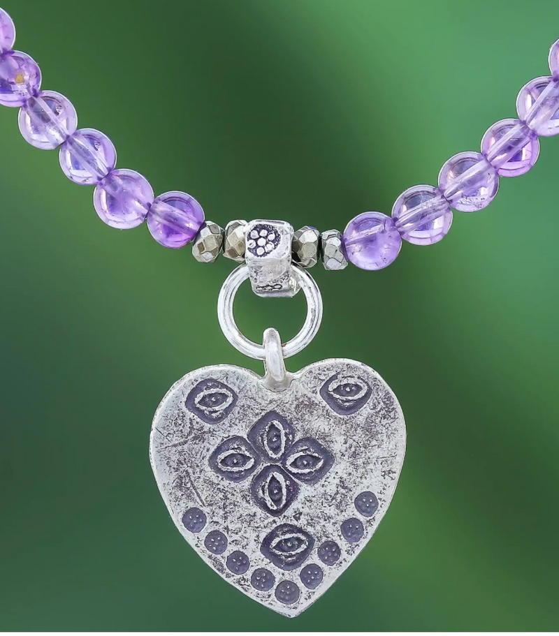 950 Silver Heart Pendant Necklace with Amethyst Beads, "Emboldened Heart"