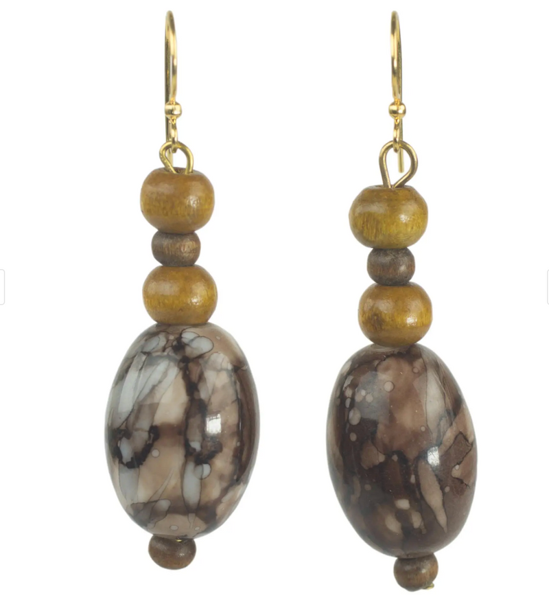 Recycled Plastic and Wood Dangle Earrings Brown from Ghana, "Elikem in Brown"